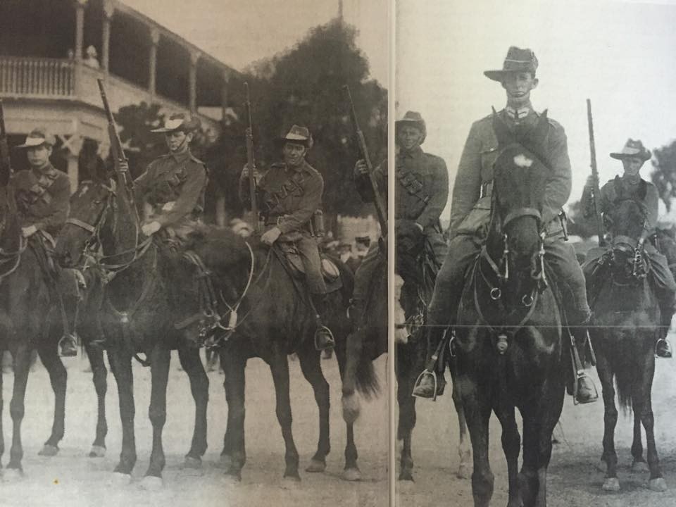 Harden Murrumburrah boys of the 1st Light Horse (AIF) in Harden, about to entrain for Sydney soon after the outbreak of war in August 1914. The young officer in the foreground is 2nd Lieutenant Albert Reid who was to ride in the great Charge at Beersheba in 1917.